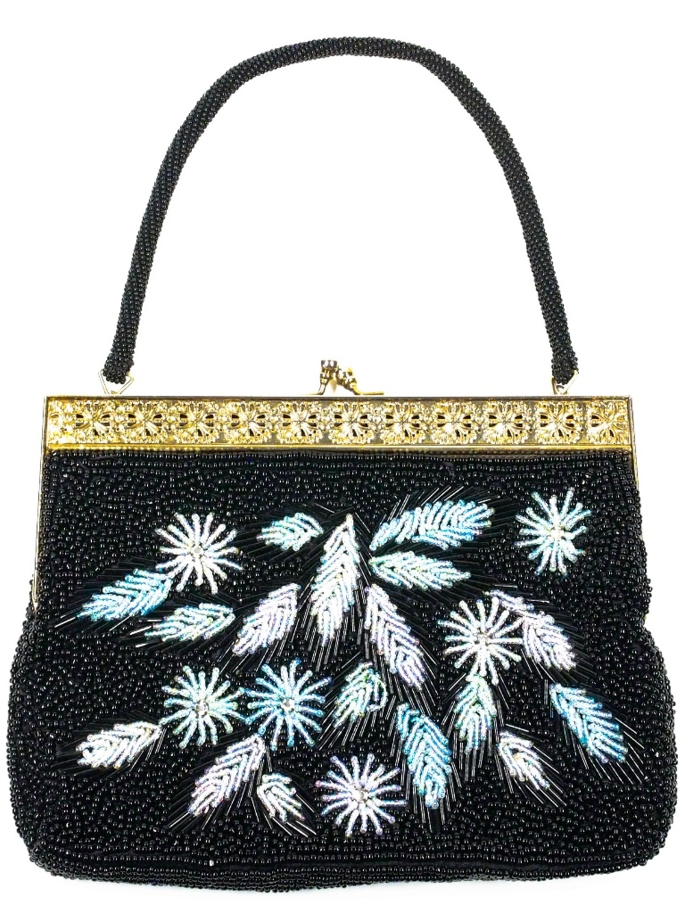 Vintage 50s 60s Beaded Bag Black Iridescent Pastel Blue Lavender Pink Turquoise